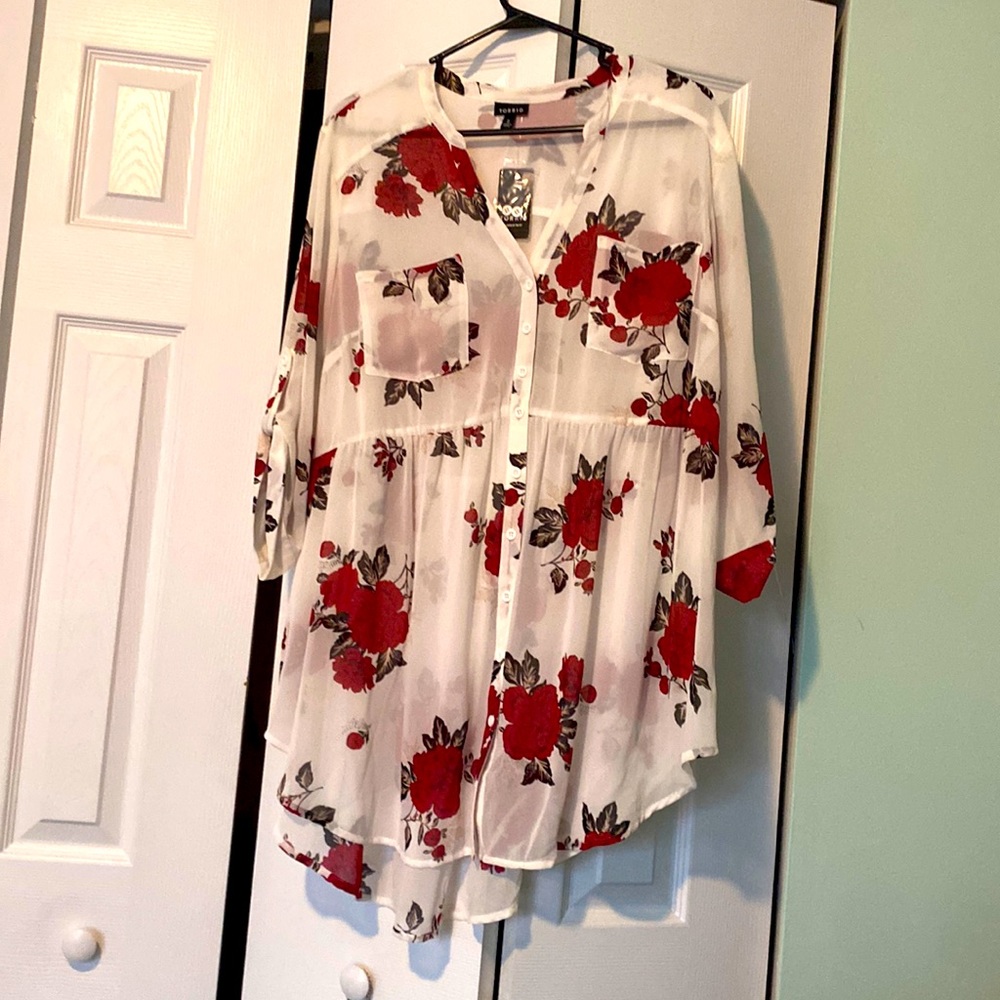 torrid White Sheer Button-Up Blouse with Red Floral Print